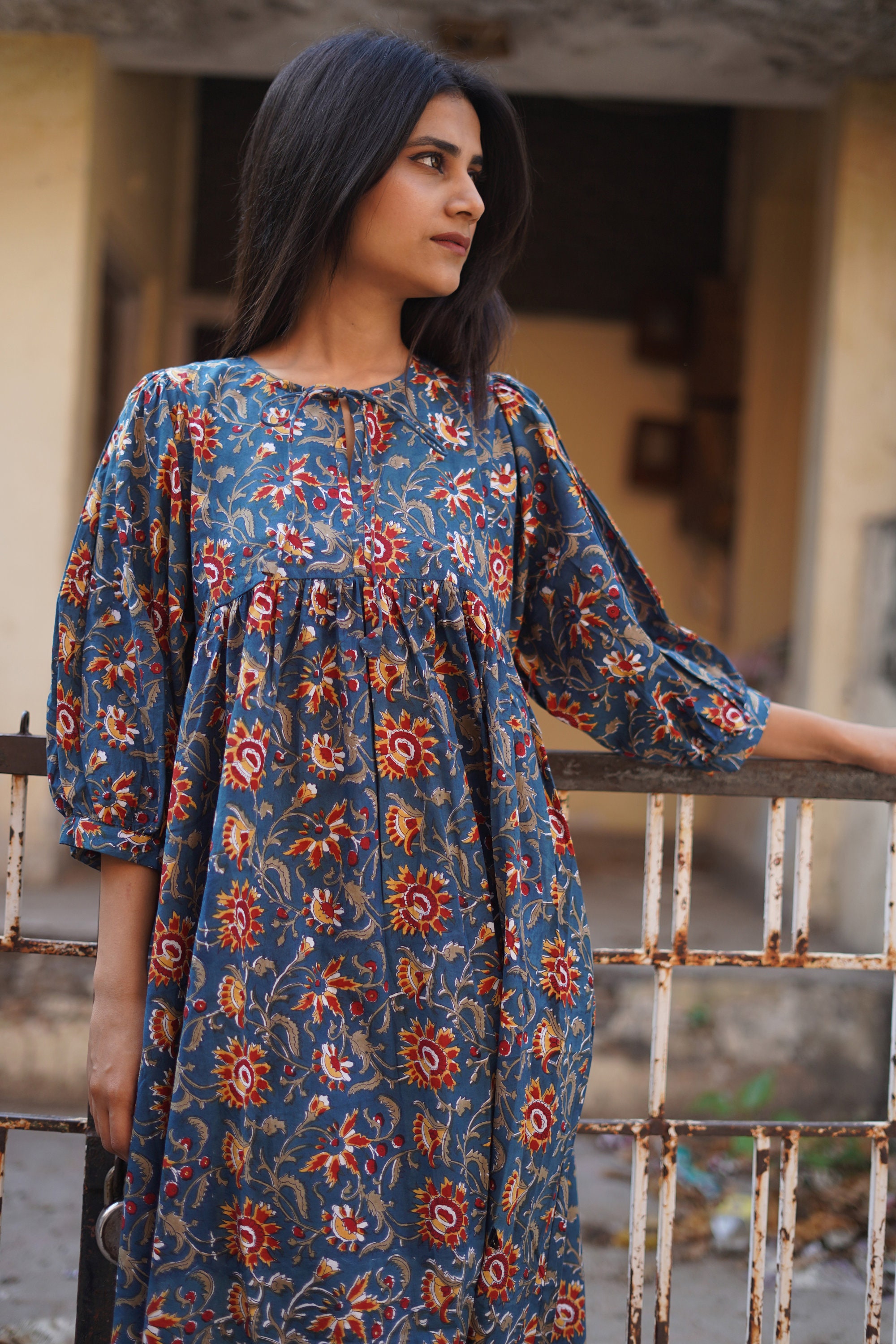 New Coraline-bohemian Midi Dress,hand Block Printed Cotton ,casual,occasional,pure Cotton,handcrafted,ethical  Fashion,floral,blue,peach -  UK