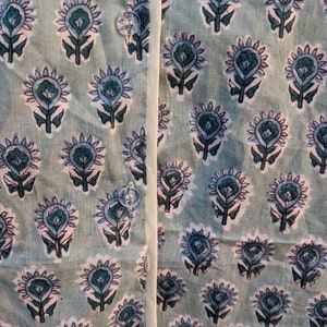 May include: A close-up of a light blue fabric with a repeating pattern of small, stylized floral designs in shades of blue, white, and red. The fabric has a white seam running down the center.
