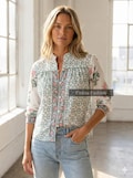 Green & Pink Block Print Cotton Top | Boho Floral Long Sleeve Blouse | Artisan Summer Tunic