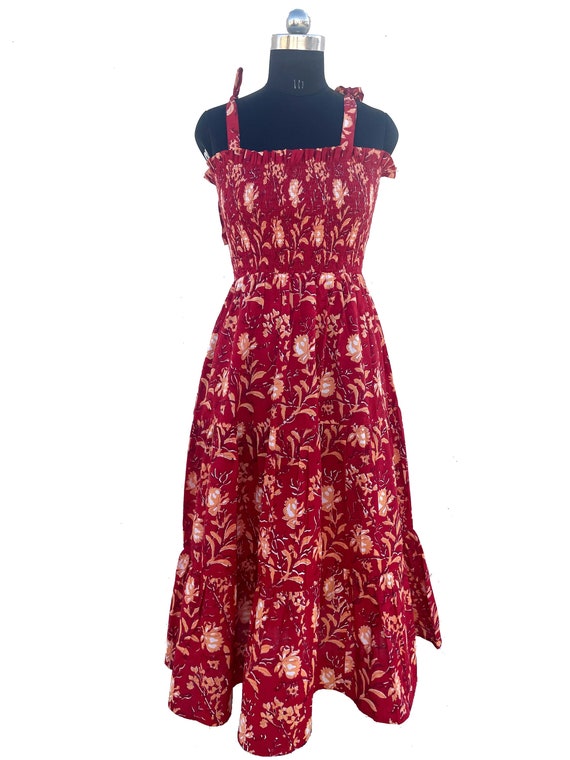 Hand Block Printed Indian Cotton Dress, Red Tiered Summer Costume
