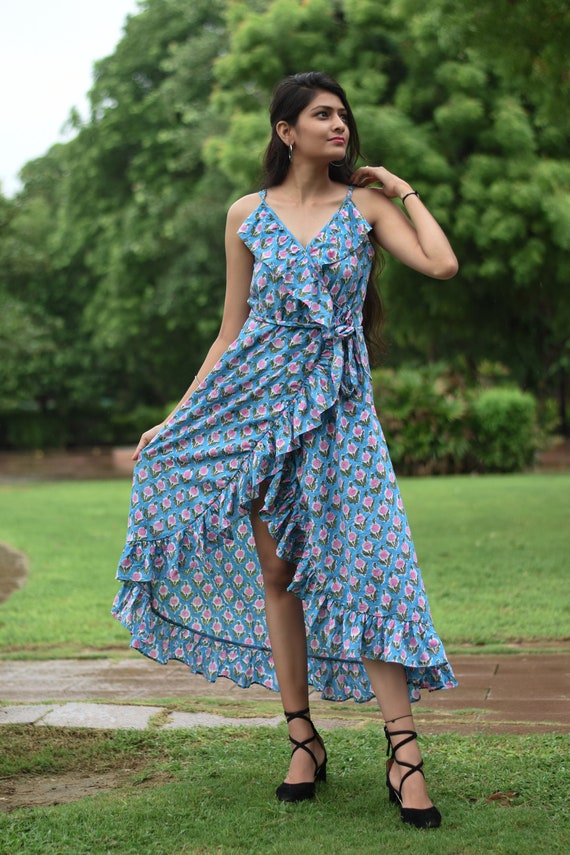 Handmade Block Print Cotton Summer Dress | Floral Wrap Gown