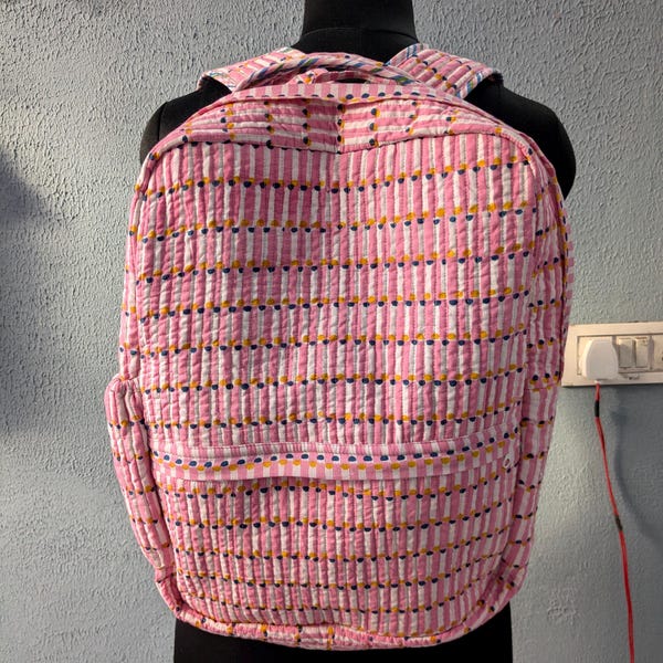 Block Printed Cotton Quilted Backpack, Floral Student Bag