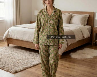 Hand Block Print Cotton Night Suit for Women, Green & Pink Sleepwear, Soft Cotton PJs Gift for Her