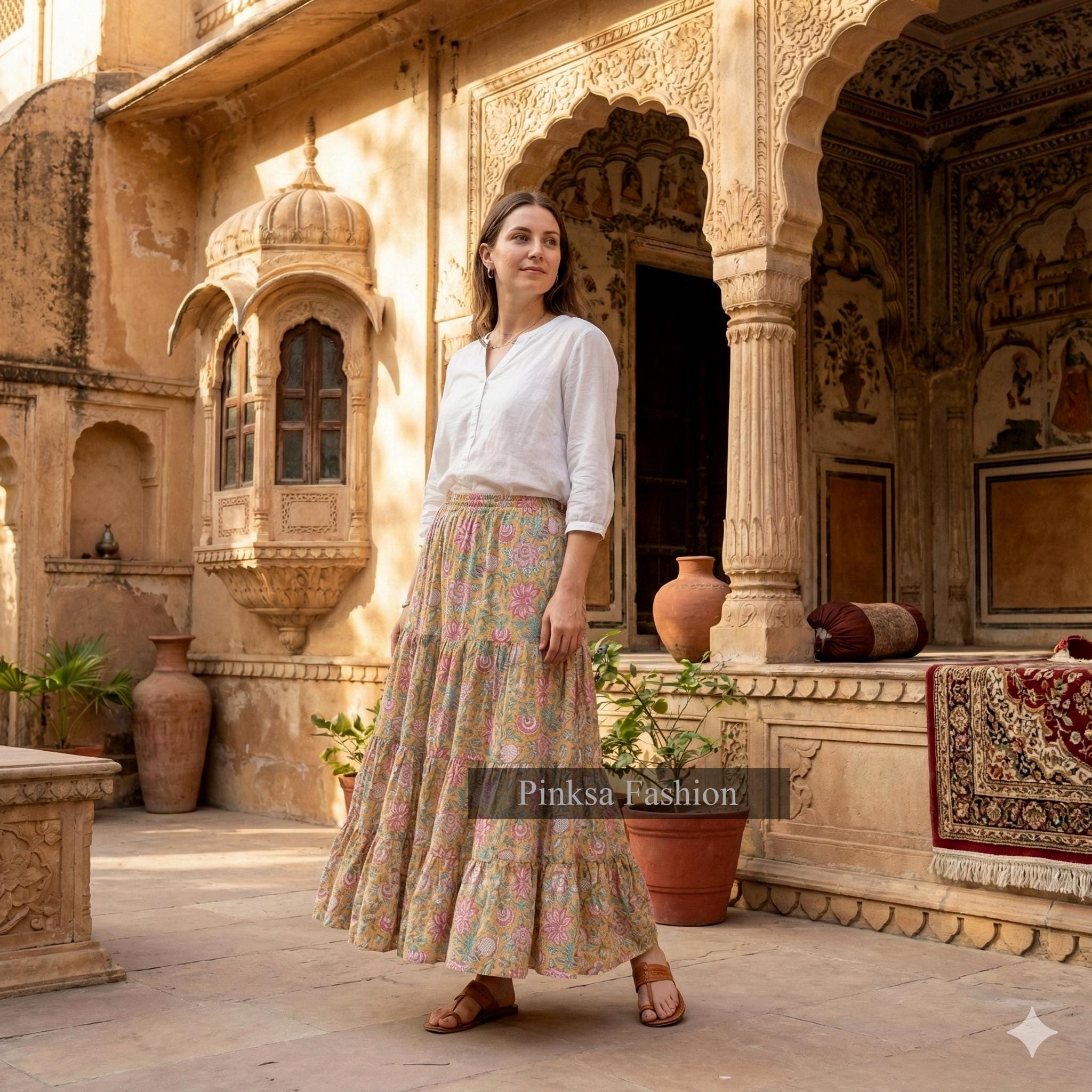 【新品】Fabindia ブロックプリント 綿マキシスカート サイズ調整可 インドの花柄ブロックプリントマキシスカート、伸縮性のあるウエストの