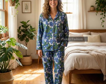 Blue Floral Cotton Hand Block Print Night Suit - Women's Pajama Set - Sleepwear Pjs Set