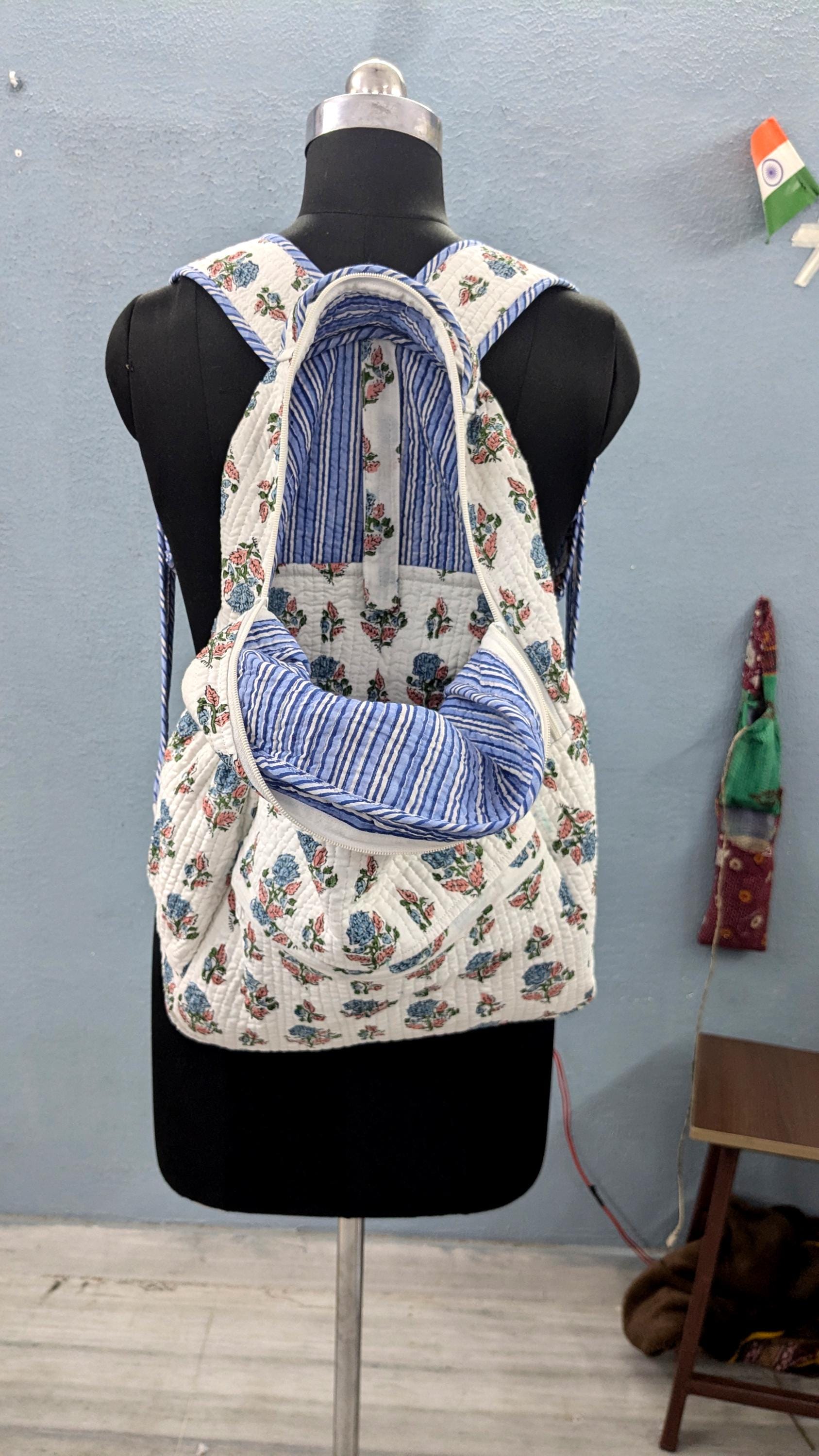 Handmade Cotton Quilted Travel Shoulder Backpack with Cute Print,Stylish. Handmade Quilted Cotton Backpack: Floral Print, Sustainable  main image 4
