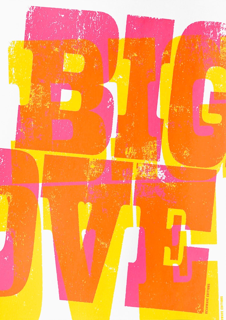 Typography Print / Typographic Screenprint /// Big Love Pink & Yellow image 5