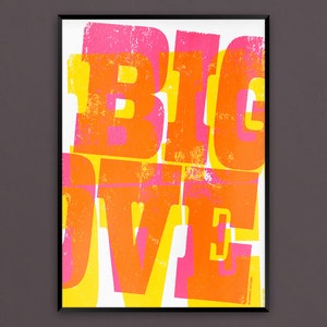 Typography Print / Typographic Screenprint /// Big Love Pink & Yellow image 1