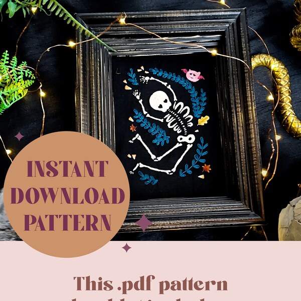 Dancing Skeleton Halloween Embroidey Pattern | Digital Hand Embroidery Pattern | Fall Autumn Theme | Spooky Stitching | Skull and Bat | DIY