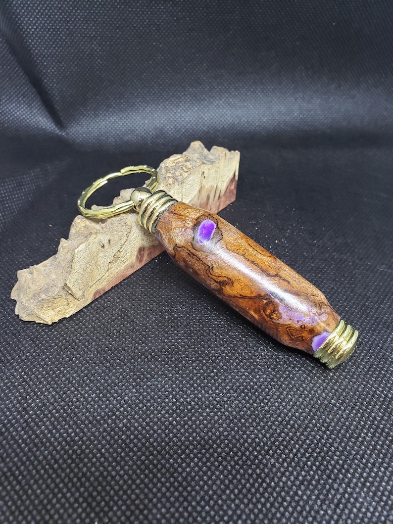 Cherry Burl Wood and Purple Resin Secret Compartment Keychain with Gold Hardware
