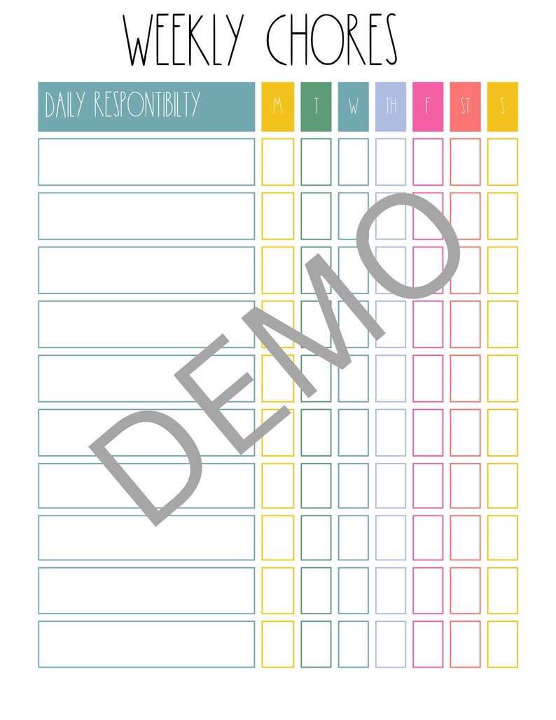 Weekly Chore Chart Printable Etsy