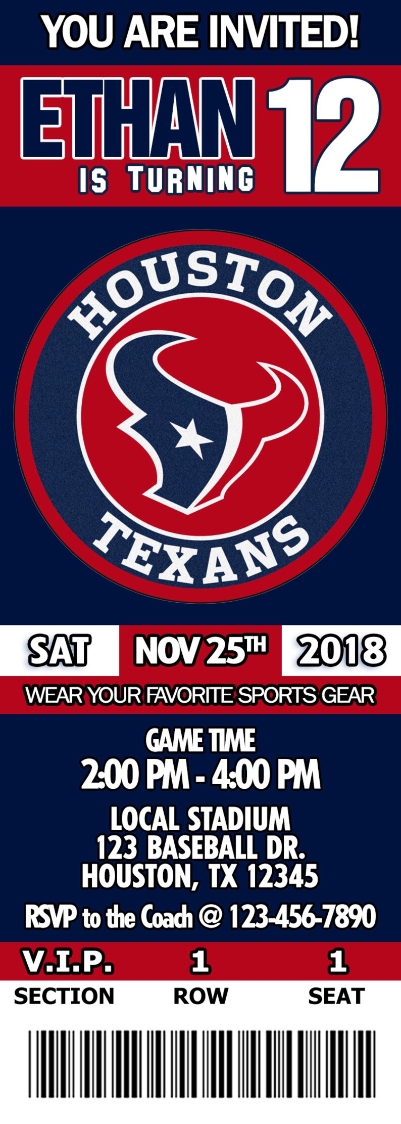 Houston Texans Inspired Inviation Game Tickets Solo archivos Etsy