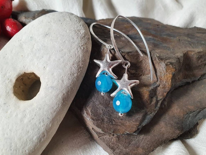 Agate Silver Starfish Earrings* Sea Lust*925 Silver*Large Ear hooks