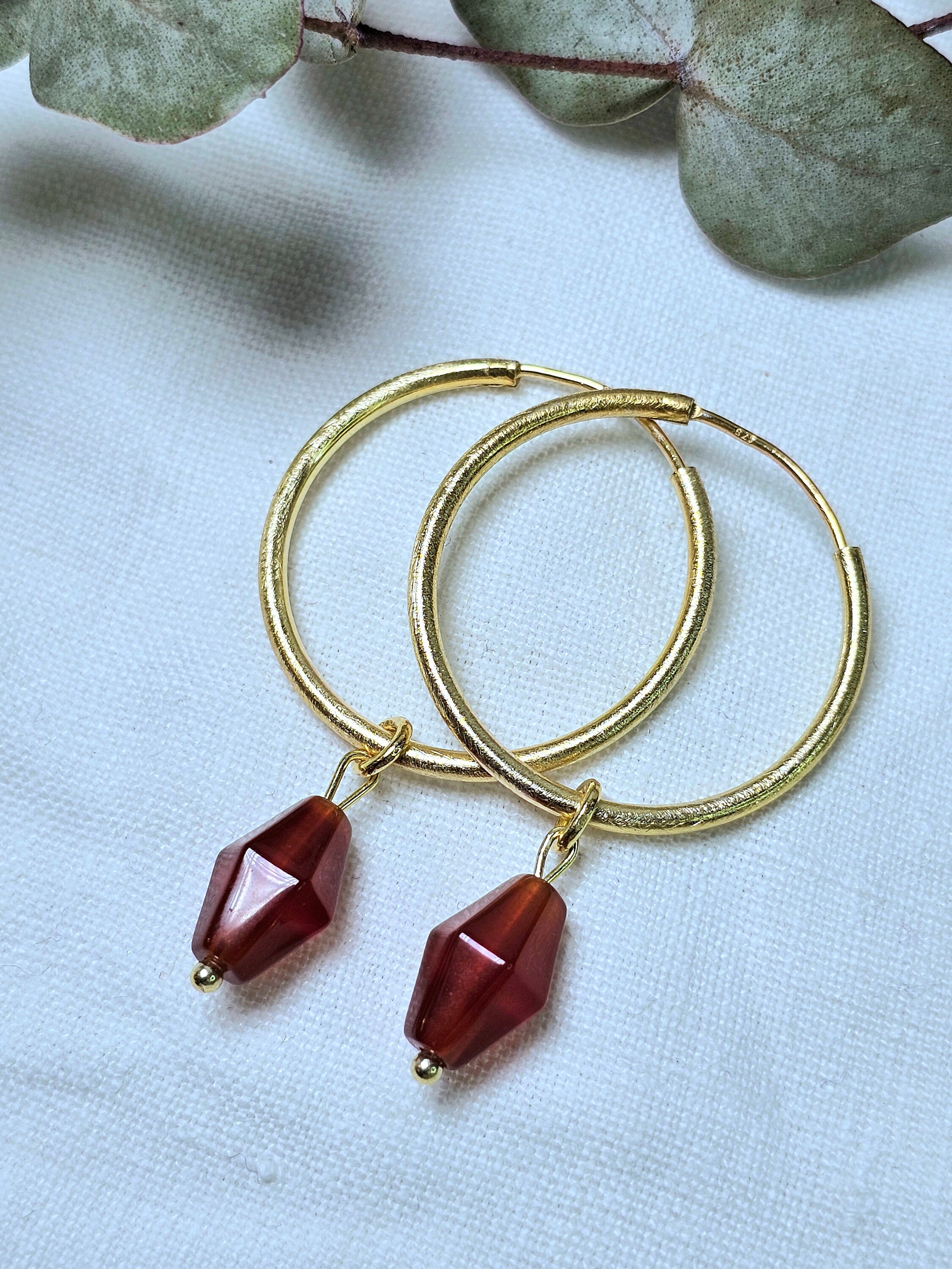 Boucles D'oreilles Anciennes Plaqué Or Avec Cristal Et Cornaline Véritable - Occasion, Style Pendantes