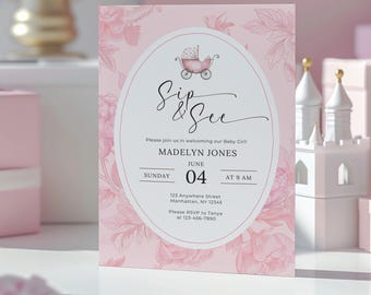 Pink Sip & See Einladung | Baby Mädchen Wagen, Canva Bearbeitbar (Digitaler Download)