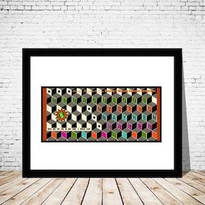 May include: A framed print of a colourful, abstract design featuring the words "Miraculous Mayhem Maker" in a 3D optical illusion style. The design is set against a black and white chequered background.