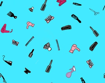 Könnte beinhalten: Ein blauer Hintergrund mit einer Vielzahl von schwarzen, rosa und weißen Friseurwerkzeugen, darunter Kämme, Scheren, Haartrockner und Haarsprayflaschen.