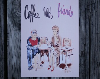 Könnte beinhalten: Zwei Frauen in Vintage-Kleidung sitzen an einem Cafétisch und genießen Kaffee und Gespräche. Das Bild ist mit "Coffee with friends" beschriftet.