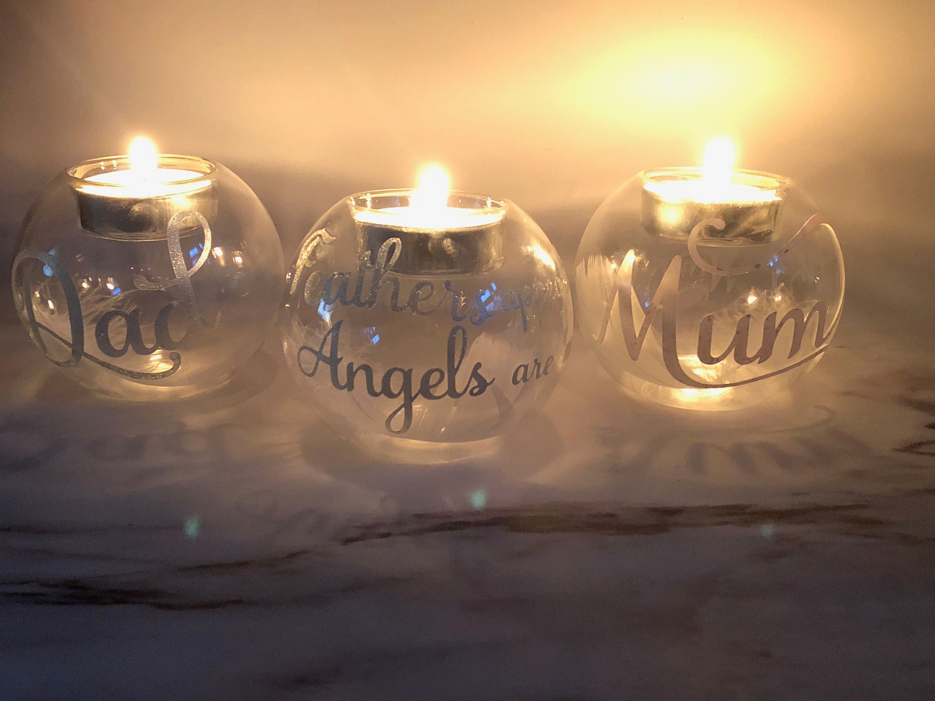 Personalised Memorial Angel wings with halo Decoration Mirror Perspex Tea Light Candle Holder