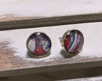 Multi-color, Red, White, Sterling Silver Stud Earrings, Acrylic Natural Stone Look, Artisan Made, Hand Made, Fun, Funky, Simple, Unique