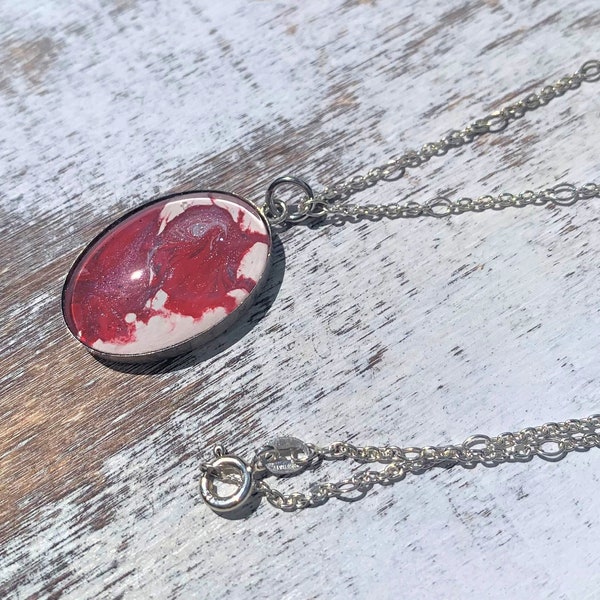 Red and White Abstract Sterling Silver Necklace, Oval Pendant, 925 Sterling Silver Chain, Acrylic, Hand Made, Unique, Elegant Funky Gift