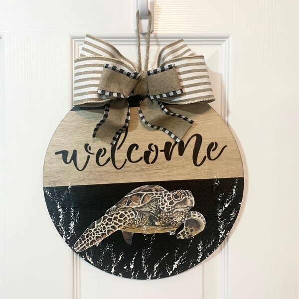 12 inch wood door hanger- Sea Turtle - Welcome sign - Wood Stain and Black - Tan and White striped bow - Tropical Sea Life - Ocean - Beach