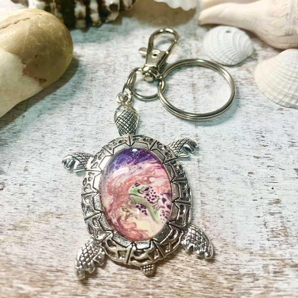 Turtle Key Ring -Sea Turtle Keychain - Silver Tone Turtle Charm - Original Artwork - Pink - Beach - Vacation - Gift - Backpack Zipper Pull