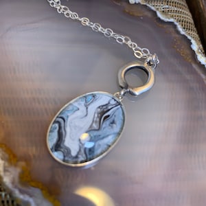 Blue & Gray 925 Sterling Silver Necklace, Oval Pendant and Chain, Acrylic Natural Stone Look.  Artisan Made, One of a kind, Unique Hand made