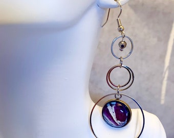 Long, Purple, Circle, Earrings, Dangle Drop, Stainless Steel,  Acrylic, Interlocking, Artisan Made, Unique, Hand Made, Statement Jewelry