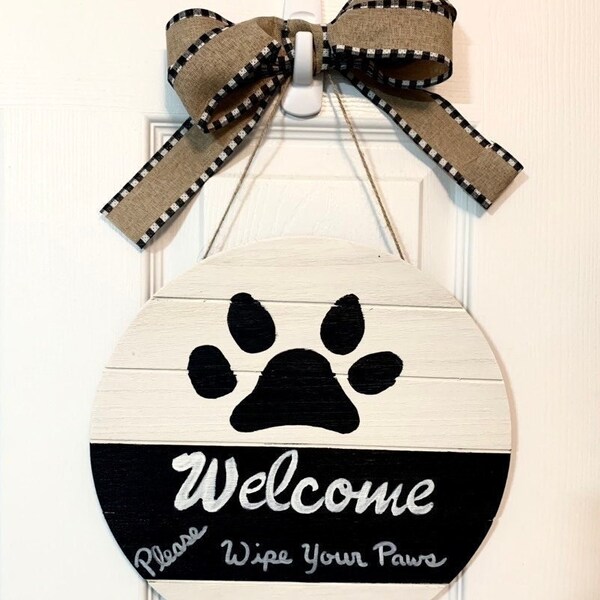 12 inch wood shiplap style door hanger- Welcome paw print, Burlap black and white checker bow, Hand painted- Unique One of A Kind