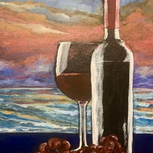 Colorful Wine Original Acrylic 11x14 Painting Ocean - Beach - Vacation - Home Decor - Framed and Signed, One of a Kind, Wine and Grapes, COA