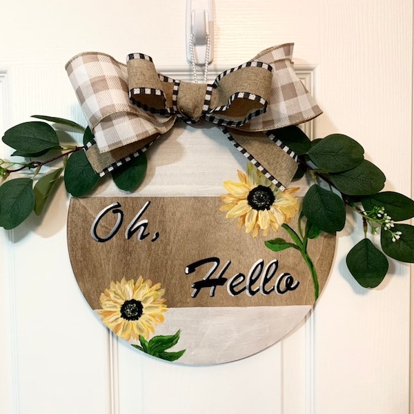 12 inch wood door hanger- Oh Hello- Sun flowers and greens, White and tan checkered bow, Hand painted- Unique One of A Kind