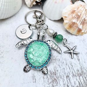 Single Monogram Initial Personalized Turtle Key Ring - Sea Turtle Keychain - Beach - Green Jasper - Rhinestone - Starfish - Pearl - Clasp