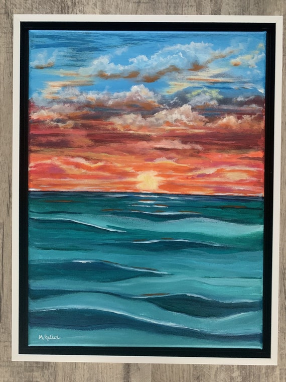 テクスチャーアート・海　サンセット＊キャンバスアクリル画オーシャン黄色絵画原画 オリジナルオーシャンサンセットアクリル絵画：額入りビーチ