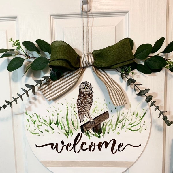 Large 16 inch wood door hanger- Welcome- Burrowing Owl and greens, Hunter Green White and tan striped bow, Hand painted-Unique One of A Kind