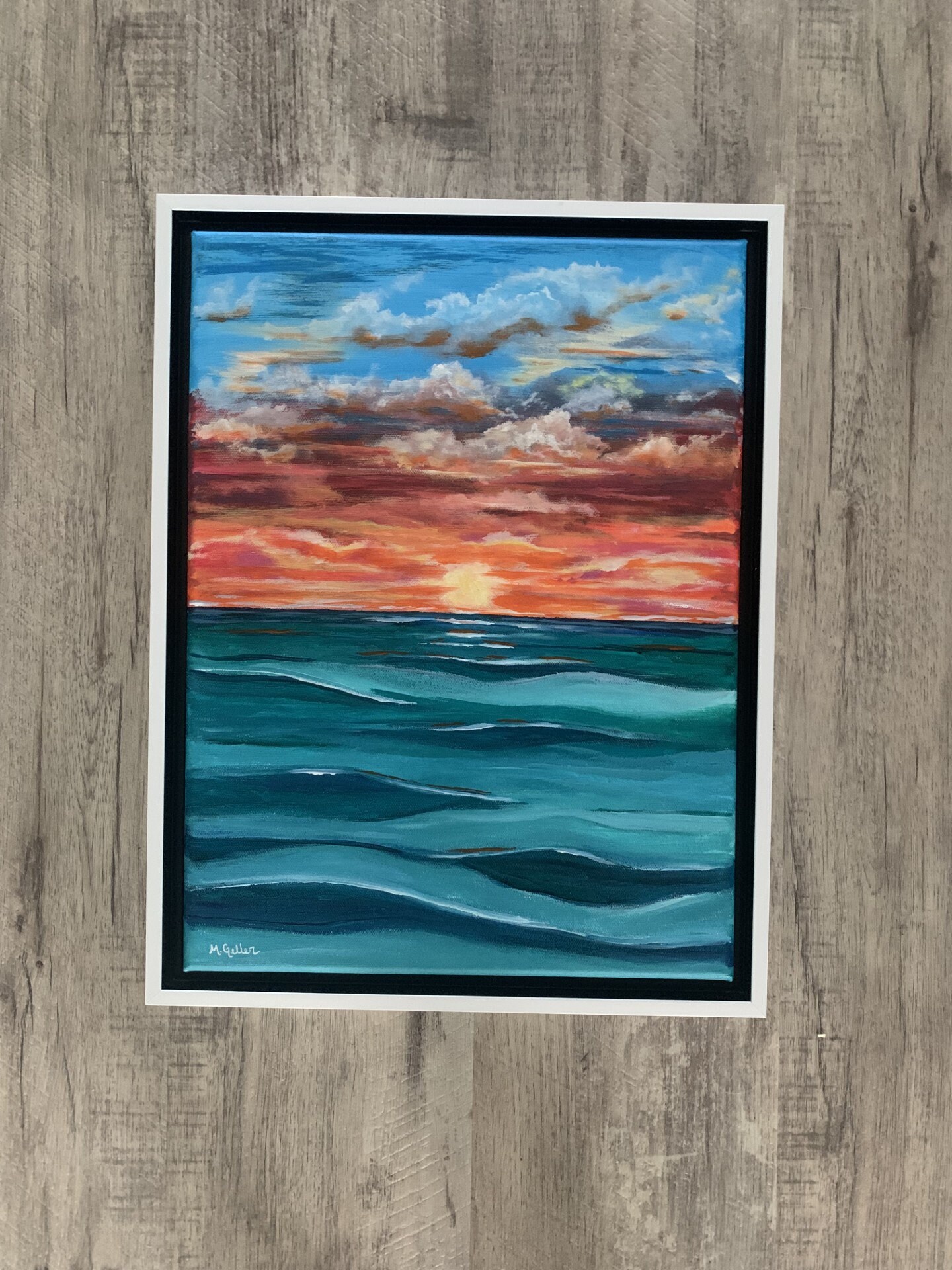 オリジナルオーシャンサンセットアクリル絵画：額入りビーチ