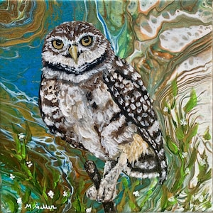 Burrowing Owl Acrylic Painting - Original 8x8 - Burrowing Owl fun painting - Wild Life - Hand Painted Gift- Artist Signed - COA Included