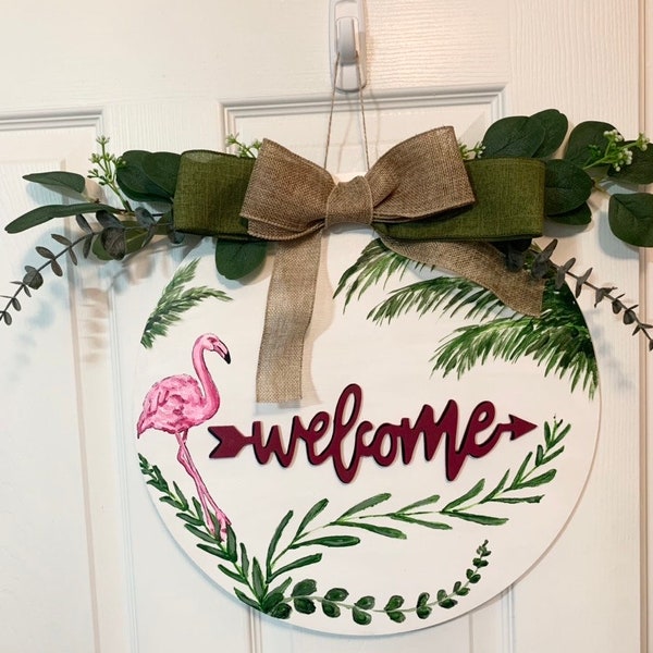 Large 16 inch wood door hanger- Welcome- Pink Flamingo and greens, Hunter Green and tan burlap bow, Hand painted-Unique One of A Kind