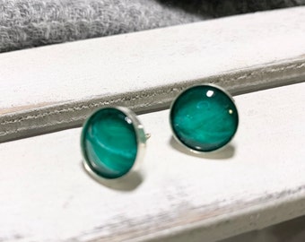 Sterling Silver Emerald Green Stud Earrings, Acrylic, Natural Stone Look, Small & Simple Elegant Artisan Made, Hand Made, Unique