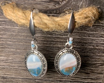 Beach Scene, Antique Silver tone, Dangle drop, Hook back, Earrings, White, Turquoise, Tan, Acrylic, Artisan Made, Hand-made, One of a kind