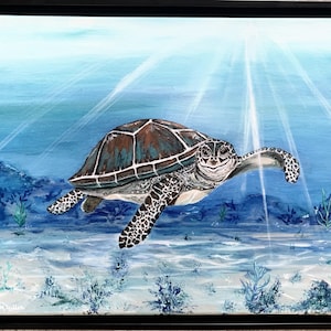 Sea Turtle Ocean scene 16”x20” Original Acrylic Painting.  Blue Ocean - Marine Life - Sea Turtle - Framed, one of a kind, Gift Signed COA