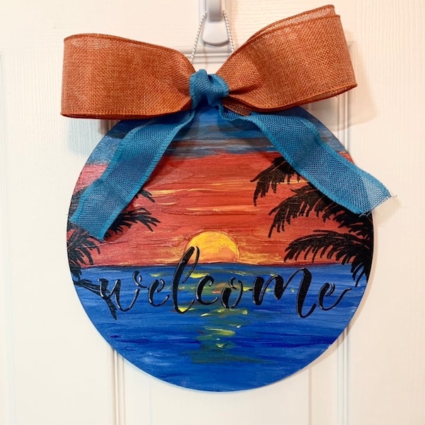 12 inch wood door hanger- Tropical Sunset- Palm Trees, Welcome sign - Blue and Orange Bow, Hand painted- Unique One of A Kind