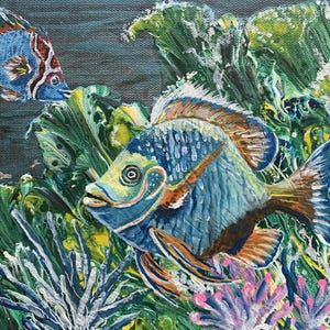 Original Fisch Acrylbild 8 &quot;x 10&quot; Gemälde, gerahmt - Bunter tropischer Fisch - Ozean - Grün - Blau - unter Wasser - Unikat - klein