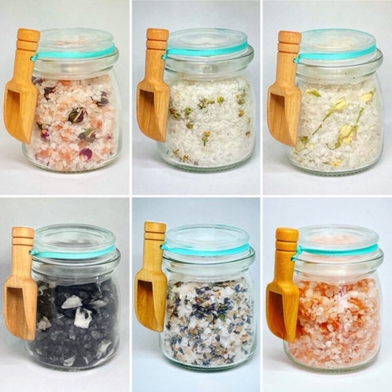 Bath salts in a jar with wooden scoop Etsy