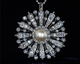Antiguo victoriano rosa talla diamante y perla natural broche de plata y colgante