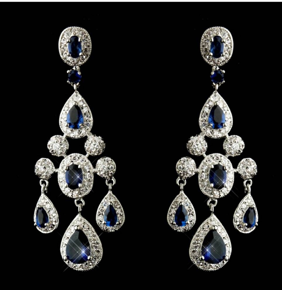 Dramatic American Diamond And Blue Sapphire Handmade Earrings/Sterling Silver Blue sapphire Zircon Earrings