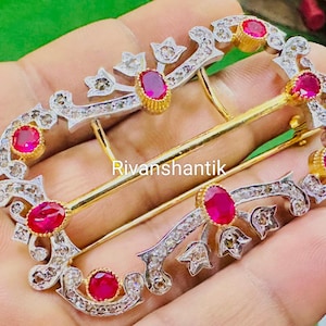 Victorian Rose cut Diamond And Ruby Silver Handmade Brooch/ Wedding brooch pin