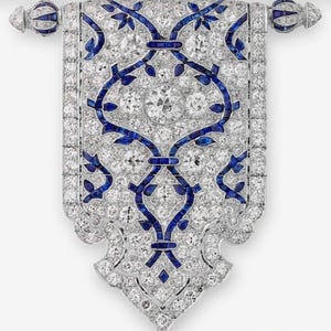 Replica of Art deco American Diamond And Blue sapphire Silver Brooch/ Stylish brooch / Zircon Brooch
