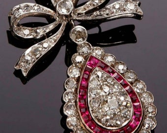 Antique Victorian Rose cut Diamond And Ruby Bow Pendant, 92.5% Sterling Silver handmade Pendant, Silver Ruby pendant