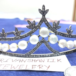 Wedding Pearl tiara, Bridal Diamonds tiara Sterling Silver Handmade Tiaras/Crown Rose cut Diamond Crown/Tiara